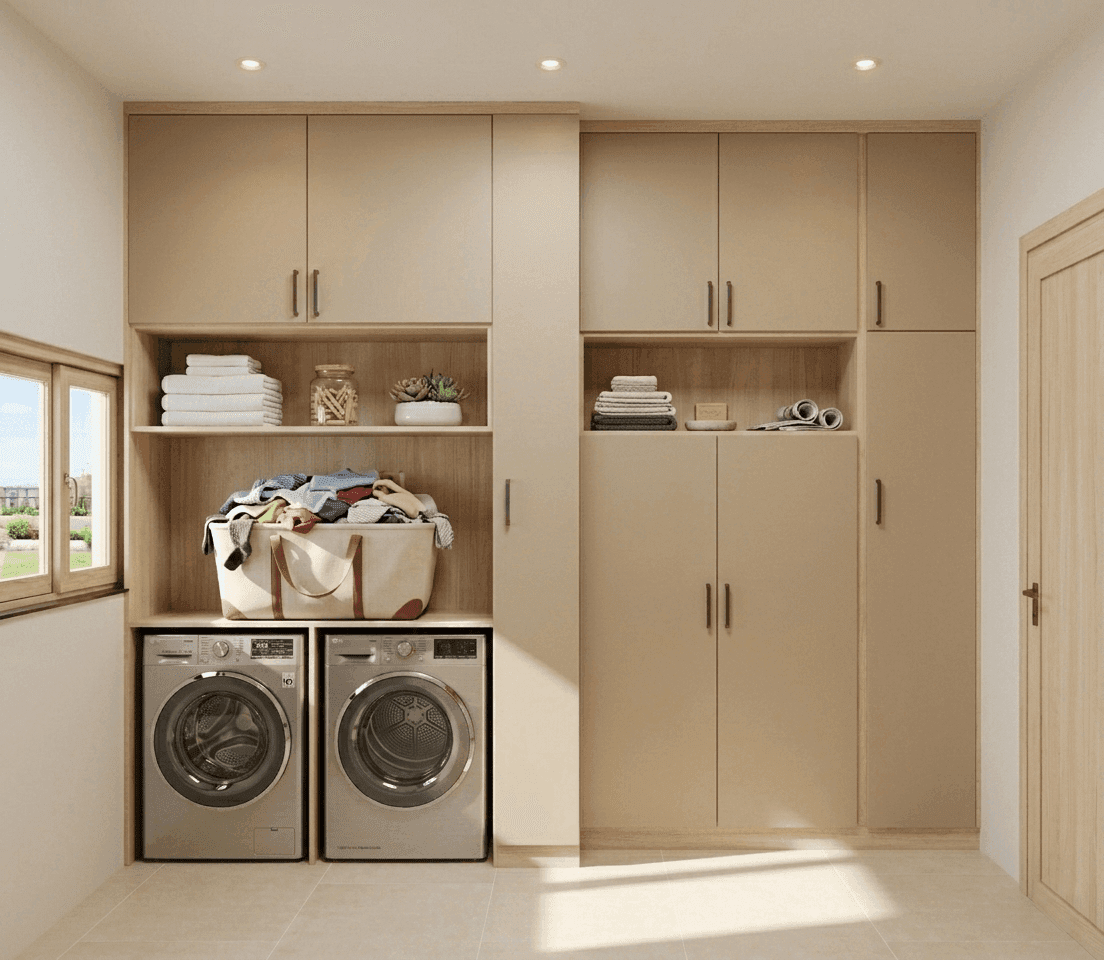 Buanderie avec lave-linge, sèche-linge et rangements en bois clair